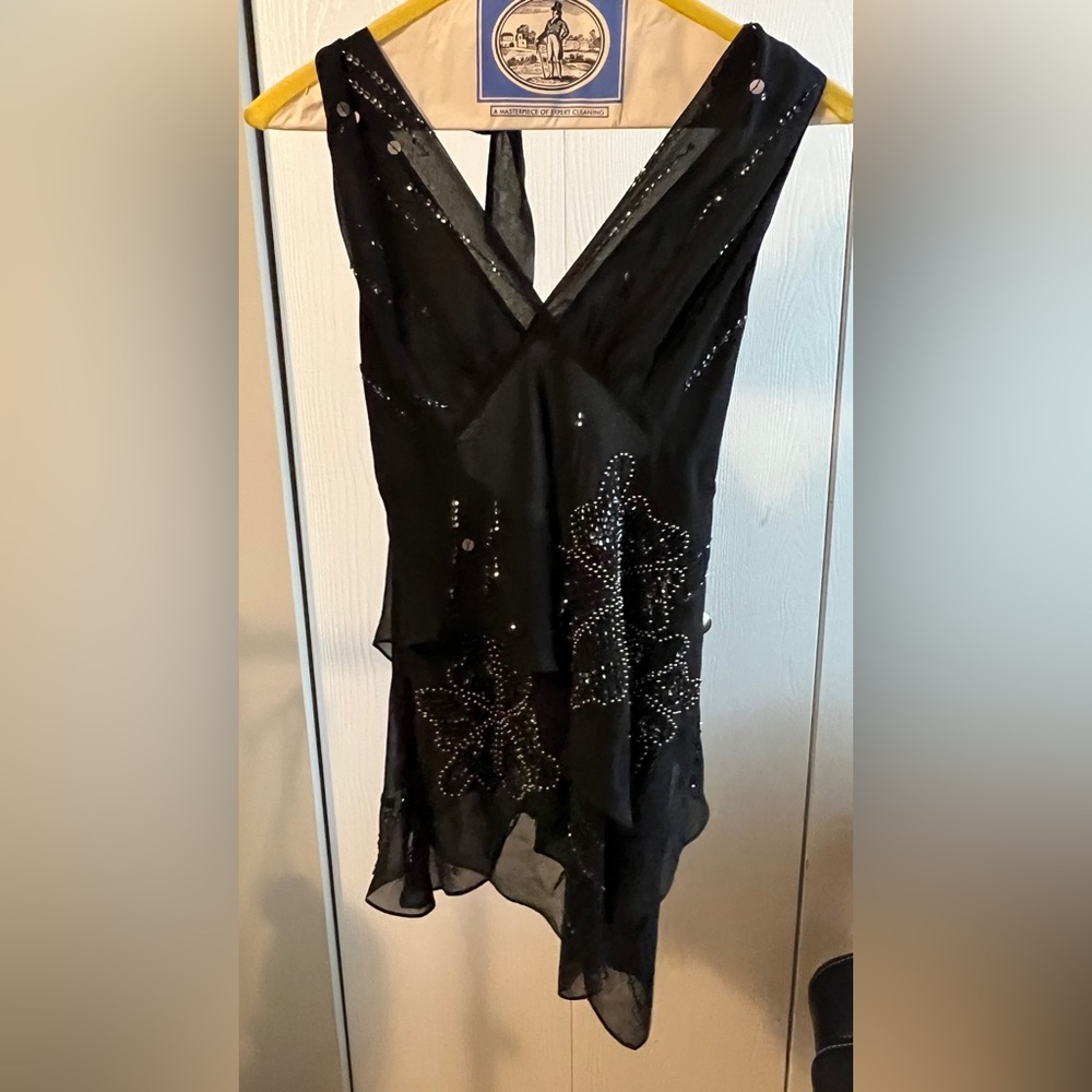 BCBGMAXAZRIA Black Silk Sequin Halter Top